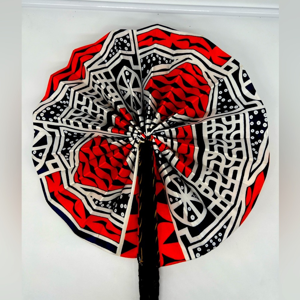 NEW HANDCRAFTED IN CAMEROON Orange Blue White Wax Print Fabric Handheld Fan
